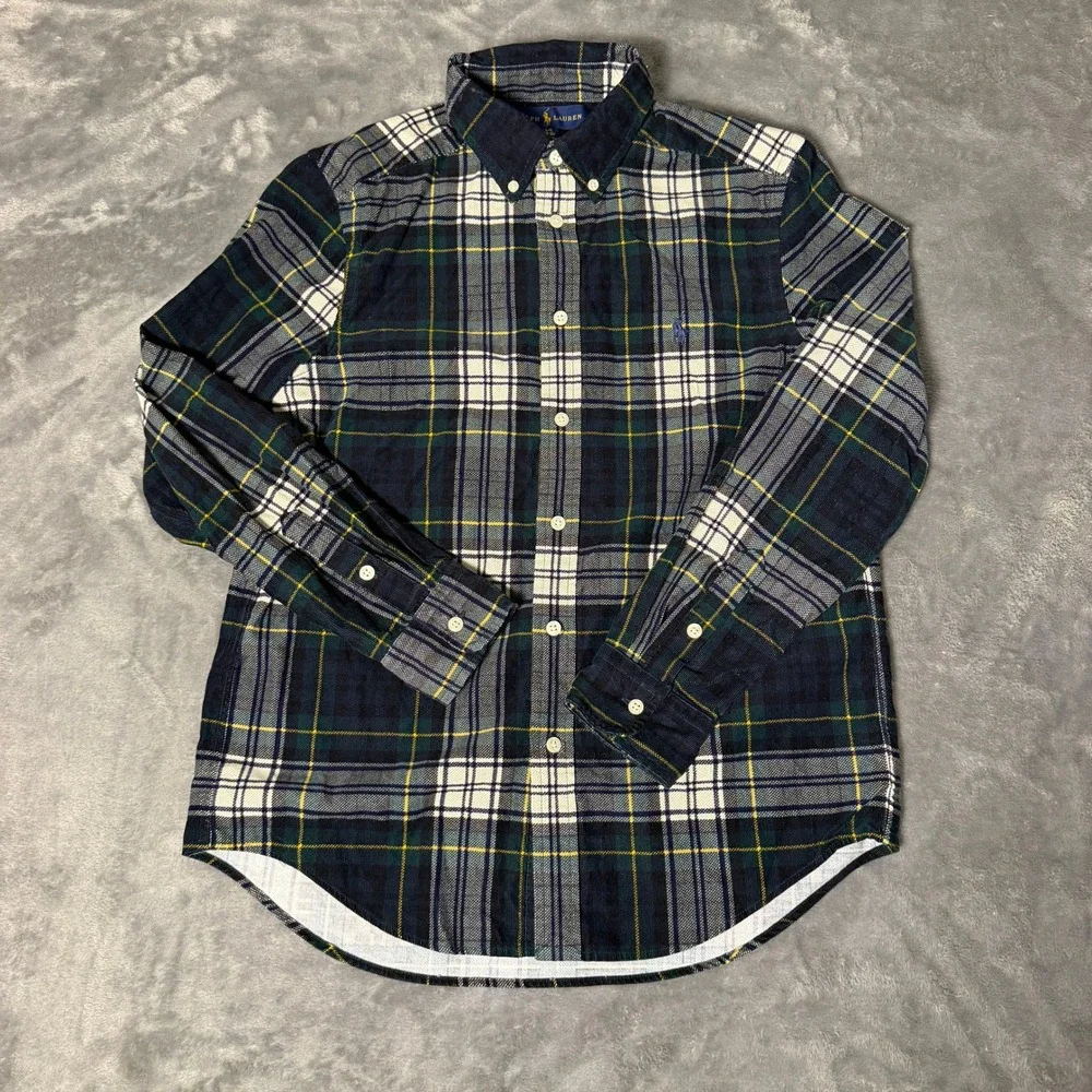 Ralph Lauren Boys L 14-16 Corduroy Plaid Button Down Shirt Navy Green Yellow